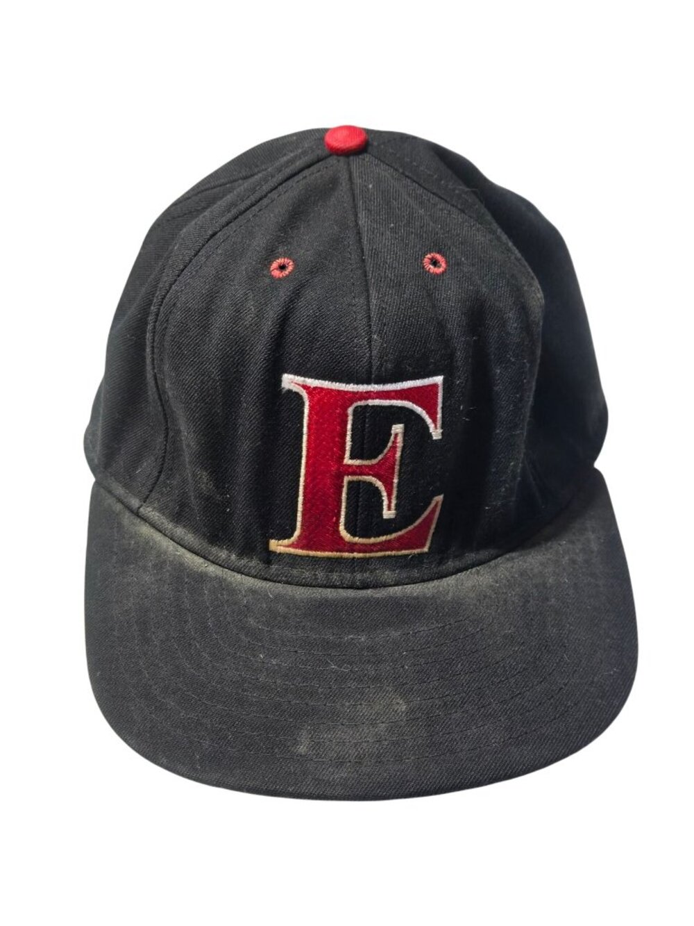 Letter E Vintage Black Baseball Cap Red Distressed Well Worn Fitted Hat 7 3/8